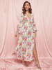 Maxikleid Weiß Sommerkleider lang mit Printmuster Langarm Damenmode maxi kleid V-Ausschnitt Polyester für Frühling Kleider
