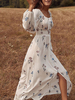 Maxikleid Weiß Sommerkleider lang mit Printmuster Langarm Damenmode maxi kleid viereckiger Ausschnitt Polyester für Herbst Kleider