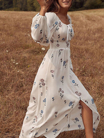 Maxikleid Weiß Sommerkleider lang mit Printmuster Langarm Damenmode maxi kleid viereckiger Ausschnitt Polyester für Herbst Kleider