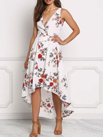 Maxikleid Weiß Sommerkleider lang mit Printmuster ärmellos Damenmode maxi kleid V-Ausschnitt Chiffon und High-Low Design für Sommer Kleider