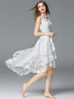 Maxikleid Weiß Sommerkleider lang ärmellos mit Rundkragen Damenmode maxi kleid Organza und High-Low Design stufig für Sommer Kleider