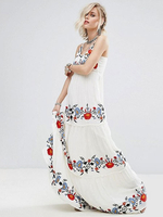 Maxikleid Weiß Sommerkleider lang ärmellos mit Trägern Damenmode gemischten Baumwollen und rückenfreiem Design und Stickereien