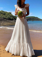 Maxikleid Weiß Sommerkleider lang ärmellos mit Trägern Damenmode maxi kleid Spitze und Rüschen für Sommer Kleider