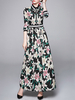 Maxikleider 3/4 Arm Umlegekragen Schwarz Printed Chiffon bodenlangen Kleid