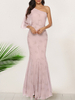 Maxikleider 3/4 lange Ärmel Rosa Blumendruck Einschulteriges; plissiertes; bodenlanges Kleid aus geschichtetem Polyester