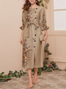 Maxikleider 3/4 Länge Ärmel Camel Jewel Ausschnitt Gestickte Polyester bodenlangen Kleid