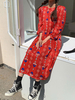 Maxikleider 3/4 Länge Ärmel Red Printed Jewel Ausschnitt Maxi bodenlangen Chiffon-Kleid