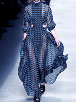 Maxikleider ausgeschnittene Taille; halbe Ärmel; blaues; bodenlanges Kleid mit hohem Kragen