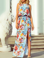 Maxikleider Blumendruck Split Ärmelloses Chiffon Strandkleid