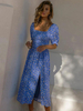 Maxikleider Blumige Kurzarm Blau Bedruckte Vierkantausschnitt Geteilte Vorderseite Maxi Irregular Polyester Langes Kleid