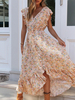 Maxikleider Blumige Kurzarm Blush Pink Bedruckte V-Ausschnitt Schnürung Maxi Kordelzug Polyester bodenlanges Kleid