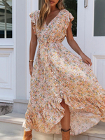 Maxikleider Blumige Kurzarm Blush Pink Bedruckte V-Ausschnitt Schnürung Maxi Kordelzug Polyester bodenlanges Kleid