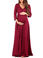 Maxikleider für Schwangere 3/4 lange Ärmel Burgunder Kleid aus Polyester mit V-Ausschnitt und bodenlangem Kleid