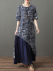 Maxikleider Halbarm Halbblaue Blumendruck Jewel Neck Layered Cotton Long Dress