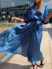 Maxikleider Halbarm Hellhimmelblau Tupfen mit V-Ausschnitt Maxi Chiffon- lange Kleid Frauen