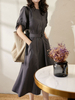 Maxikleider Halbe Ärmel Dark Navy Jewel Neck Pockets Polyester Langes Kleid