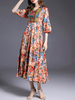 Maxikleider Halbe Ärmel Orange Blumenmuster V-Ausschnitt Polyester Patch Vacation Long Dress