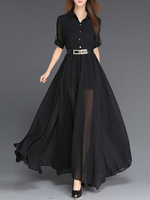 Maxikleider Halbe Ärmel Schwarzes Turndown-Halsband Chiffon Polyester bodenlanges Kleid