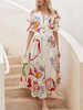 Maxikleider Halbe Ärmel Weißes Blumenmuster Muster aus Polyester; bodenlanges Kleid