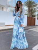 Maxikleider Himmelblaues; mit Blumenmuster bedrucktes; langärmliges; plissiertes; asymmetrisches; bodenlanges Kleid aus Polyester mit V-Ausschnitt