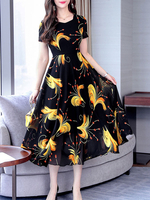 Maxikleider Kurzarm Chiffonkleid mit Blumendruck und Juwelenhals