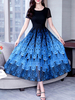 Maxikleider Kurzarm Chiffonkleid mit Juwelenhals und Pfauenmuster