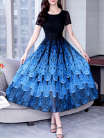 Maxikleider Kurzarm Chiffonkleid mit Juwelenhals und Pfauenmuster