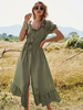 Maxikleider Kurzarm Coral V-Ausschnitt Split Front Cabrio Polyester Langes Kleid