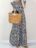 Maxikleider Kurzarm Dark Navy Blumendruck Muster Jewel Neck Maxi Polyester bodenlanges Kleid