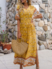 Maxikleider Kurzarm Gelb Bedruckte Chiffon-Langkleider mit V-Ausschnitt Boho-Kleider