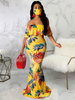 Maxikleider Kurzarm Gelb Blumendruck Bateau Neck Plissee Layered Polyester Long Dress