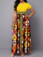 Maxikleider Kurzarm Gelb Geometrischer Juwelenhals Maxi Polyester Bodenlanges Kleid