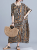 Maxikleider Kurzarm Gelbes Leopardenmuster Jewel Neck Layered Cotton Long Dress