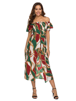 Maxikleider Kurzarm Grünes Blumendruck-Chiffon-Langkleid mit Bateau-Ausschnitt