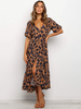 Maxikleider Kurzarm Kaffeebraun V-Ausschnitt Polyester Bedrucktes Muster Bodenlanges Kleid