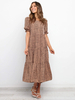 Maxikleider Kurzarm Khaki Leopardenmuster Jewel Neck Kurzarm Polyester Langes Kleid