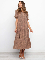 Maxikleider Kurzarm Khaki Leopardenmuster Jewel Neck Kurzarm Polyester Langes Kleid