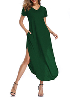 Maxikleider Kurzarm Kleid in Burgund V-Ausschnitt Baumwolle bodenlanges Kleid