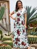Maxikleider Kurzarm Kleid mit Blumendruck Muster Juwelenhals Polyester Weiß Bodenlanges Kleid