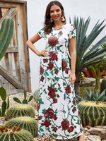 Maxikleider Kurzarm Kleid mit Blumendruck Muster Juwelenhals Polyester Weiß Bodenlanges Kleid