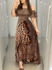 Maxikleider Kurzarm Kleid mit Leopardenmuster Bateau Neck Polyester bodenlanges Kleid