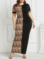 Maxikleider Kurzarm Leopardenmuster Übergroßes Juwelenhalspatch Maxi Stretch Bleistiftkleid Langes Kleid