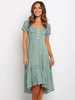 Maxikleider Kurzarm mit V-Ausschnitt; grünes Sommerkleid aus Polyester mit Blumenmuster