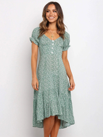 Maxikleider Kurzarm mit V-Ausschnitt; grünes Sommerkleid aus Polyester mit Blumenmuster