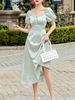 Maxikleider Kurzarm Pastellgrün V-Ausschnitt Plissee Layered Polyester Long Dress