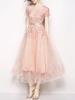 Maxikleider Kurzarm Pink Blumendruck Jewel Neck Bestickt Layered Tulle Long Dress