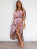 Maxikleider Kurzarm Pink Geometrisches Sommerkleid aus Polyester mit V-Ausschnitt und langem Sommerkleid