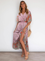 Maxikleider Kurzarm Pink Geometrisches Sommerkleid aus Polyester mit V-Ausschnitt und langem Sommerkleid