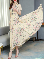 Maxikleider Kurzarm Ärmeln Aufdruck Kragen Chiffon Langes Kleid