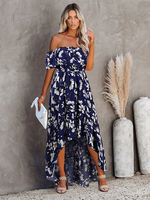 Maxikleider Kurzarm Ärmeln Blaues Blumenmuster Muster Trägerloses offenes Schulter-Polyester-bodenlanges Kleid